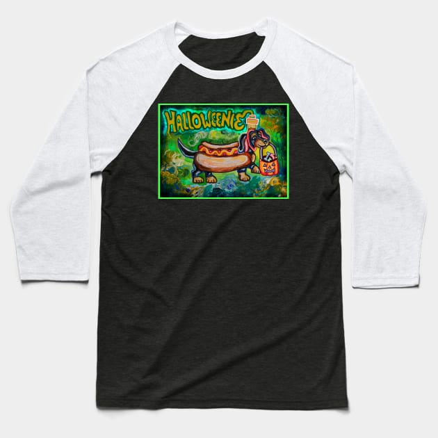 Happy Halloweenie Hotdog Dachshund Baseball T-Shirt by Art by Deborah Camp